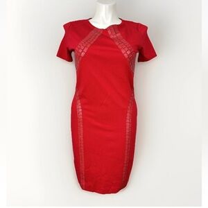 Cluny Women’s Sz 14 Red A Line Dress with Faux Leather Accents Short Sleeve